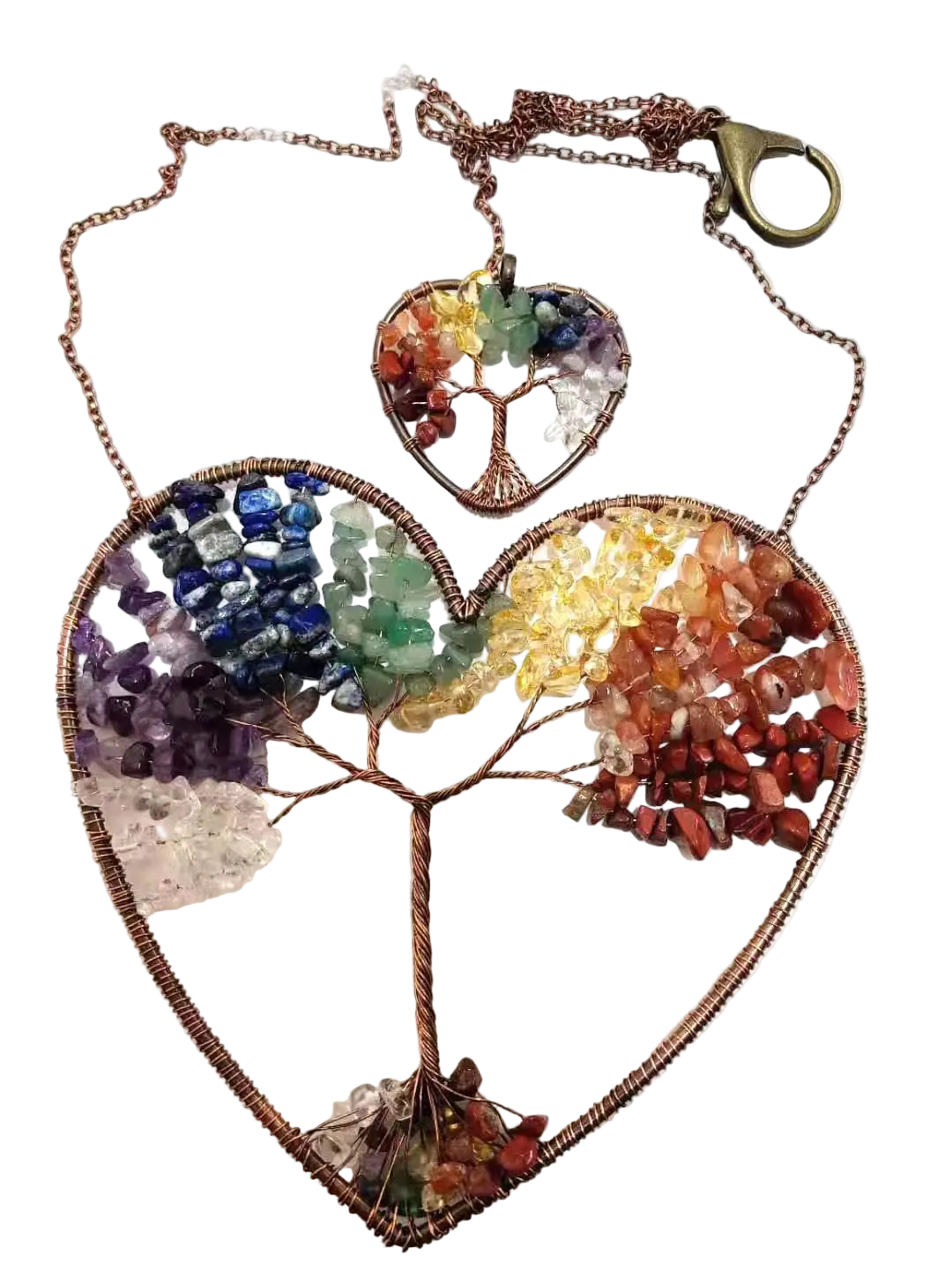 Colorful tree of life pendant with heart-shaped top on a white background