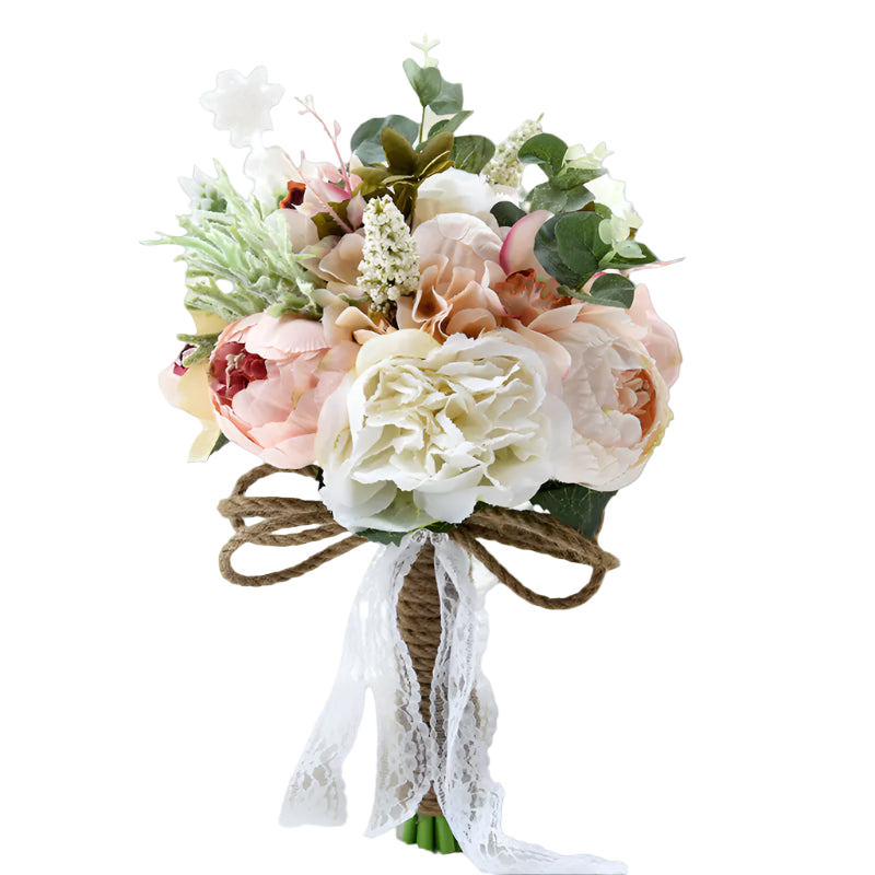 Floral bouquet with pink and white flowers tied with twine and lace on a white background
