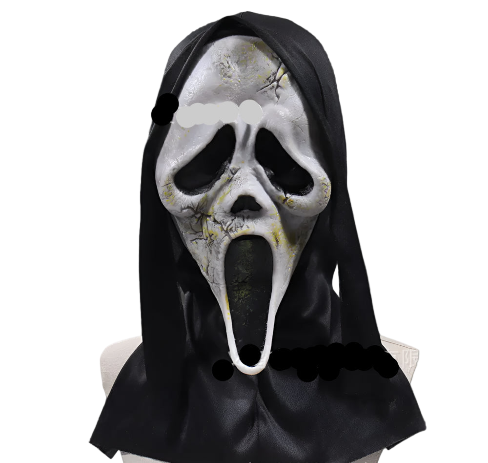 Halloween mask with black hood and white face on a gray background