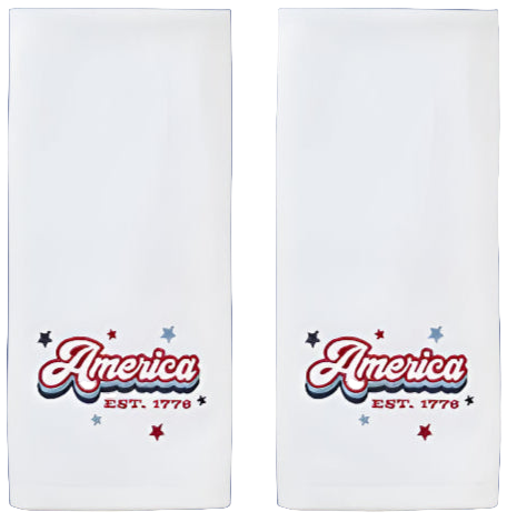 Two white towels with 'America EST. 1776' text and star designs on a white background.
