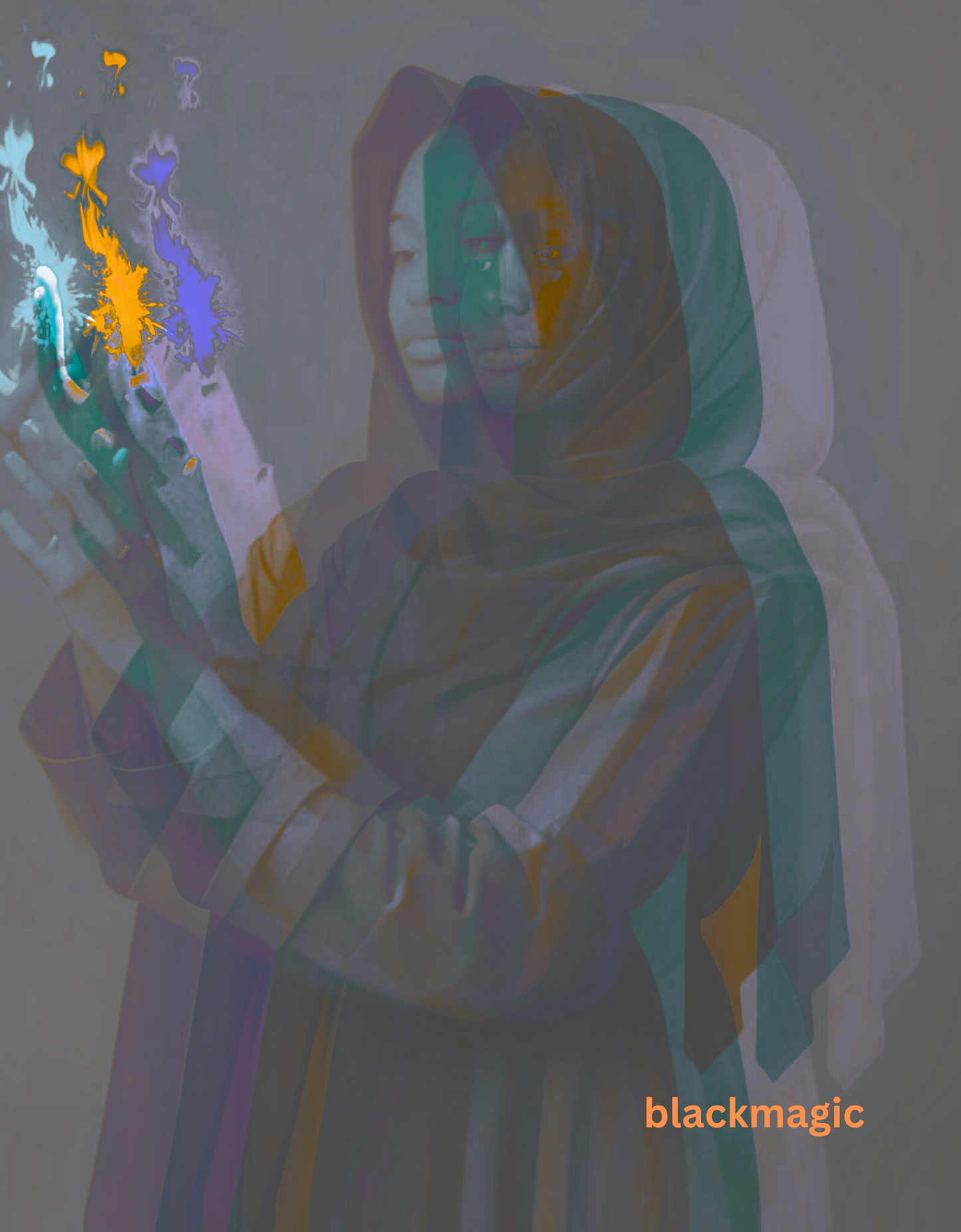 Character in a hooded robe with colorful energy effects, 'blackmagic' text at the bottom.