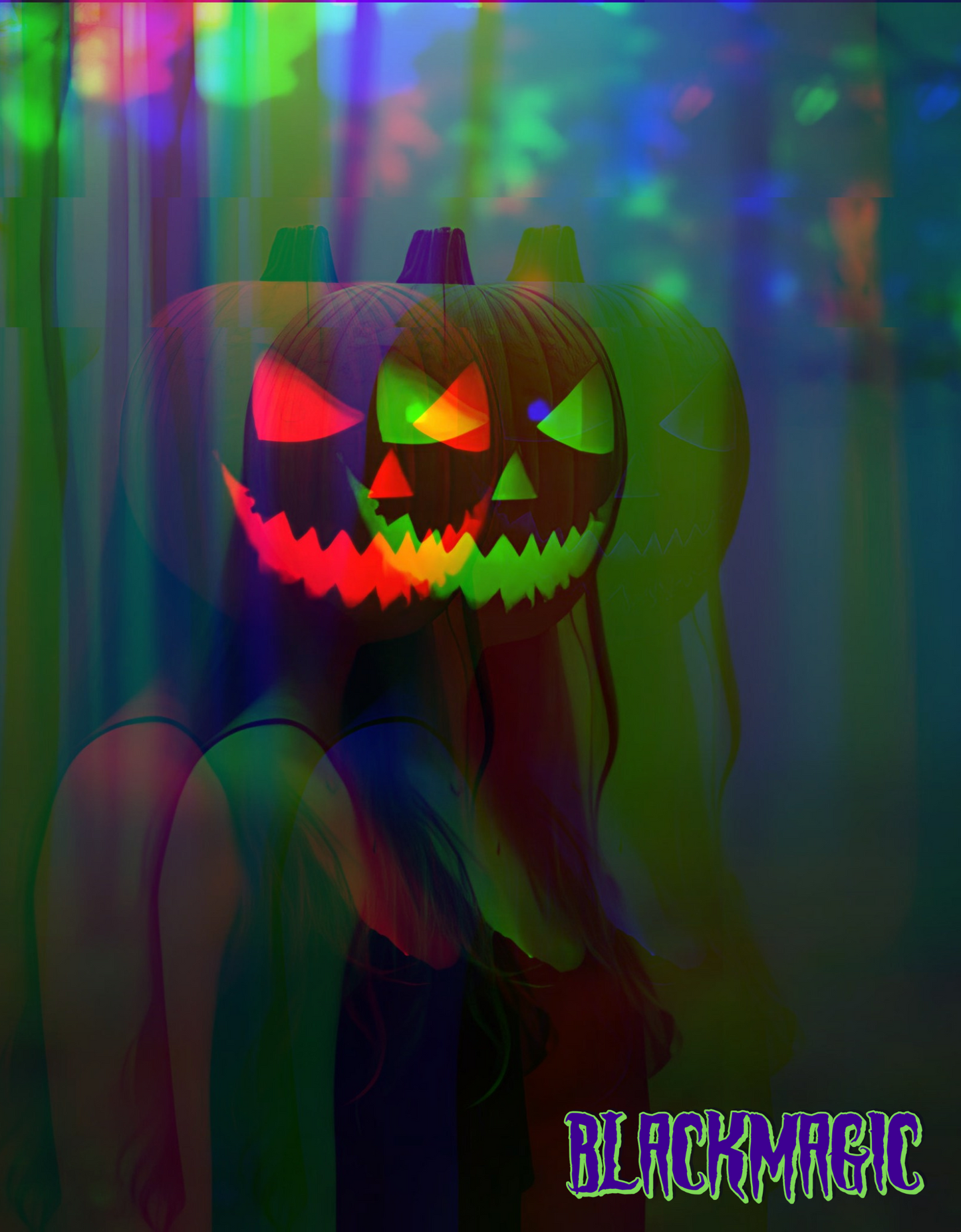 Person wearing a colorful glowing pumpkin mask with 'Blackmagic' branding.