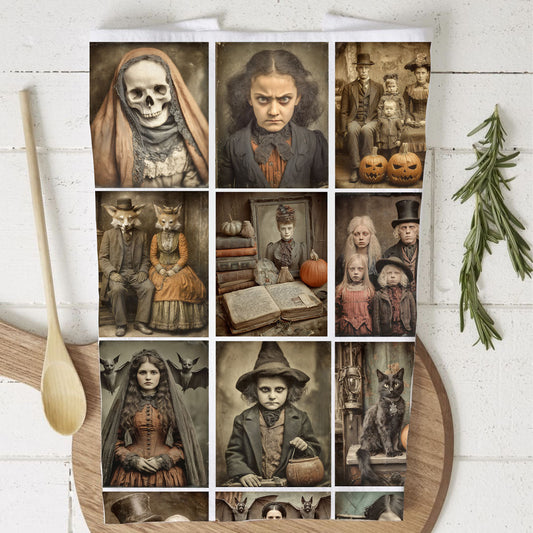 Collage of vintage-style portraits and objects on a wooden board with a white background.