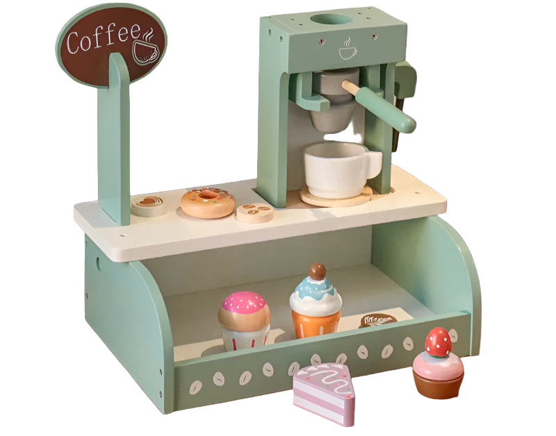 Toy coffee shop set with miniature items on a wooden surface