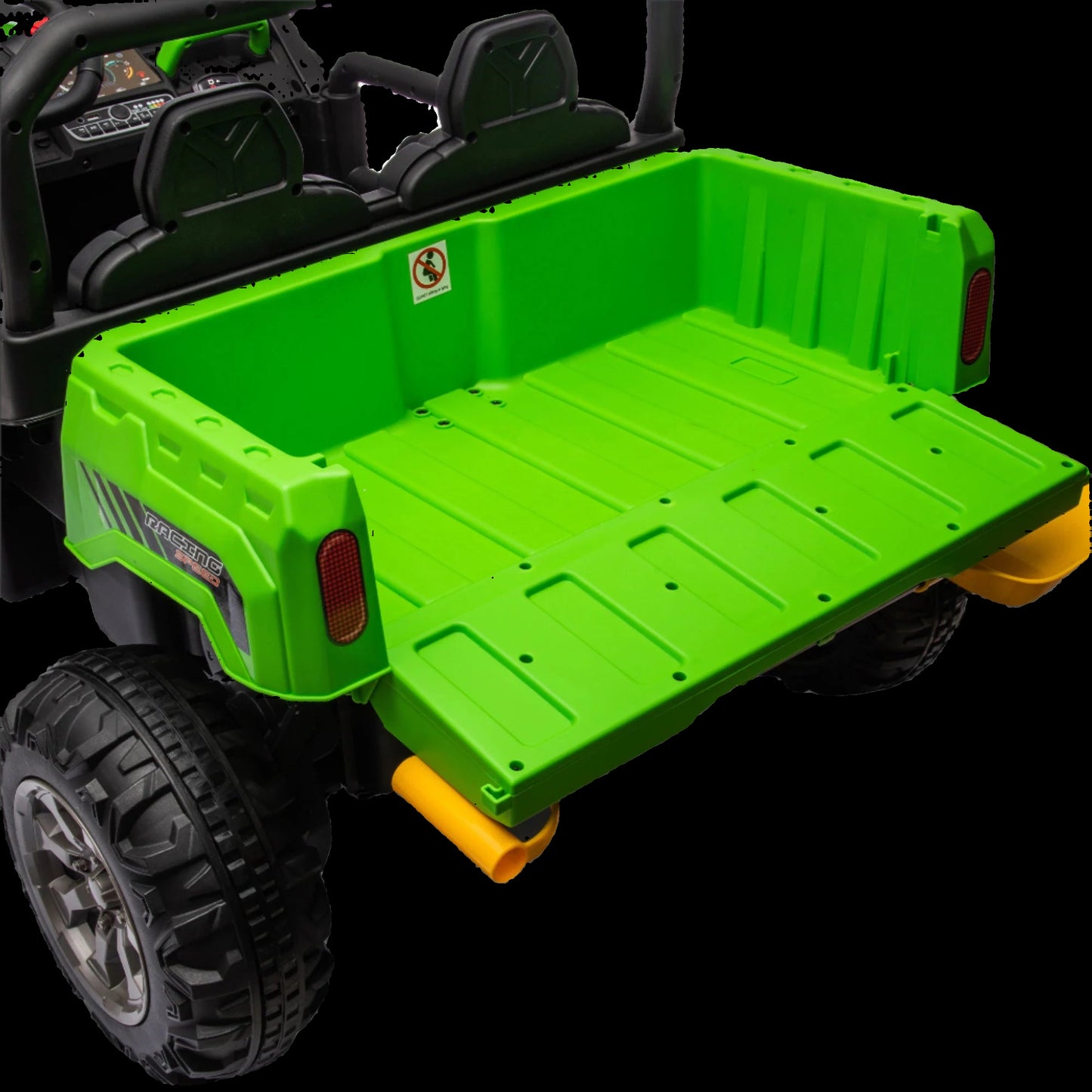 Green toy truck with open bed on a white background