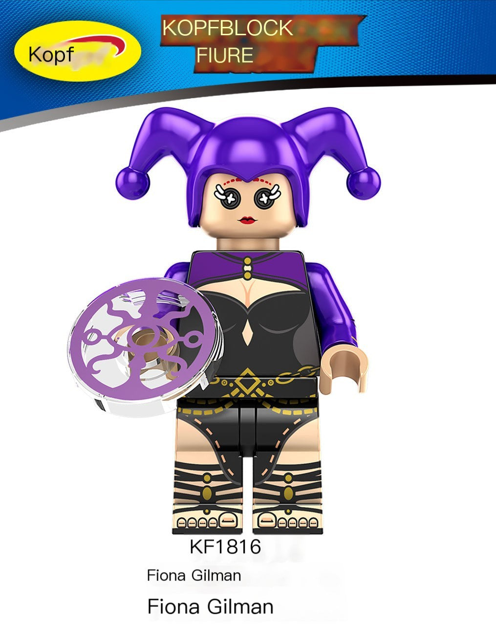 Toy figure with purple outfit and hat, holding a wheel, on a white background with Kopf branding.