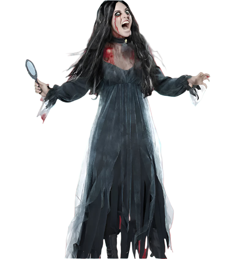 Person in a dark, eerie costume holding a mirror on a white background