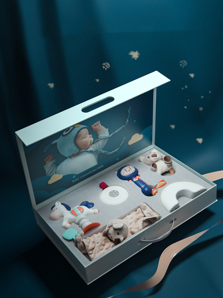 Set of baby toys in a display box with a blue background