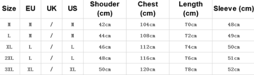 Size chart with measurements for shoulder, chest, length, and sleeve in centimeters for various sizes.
