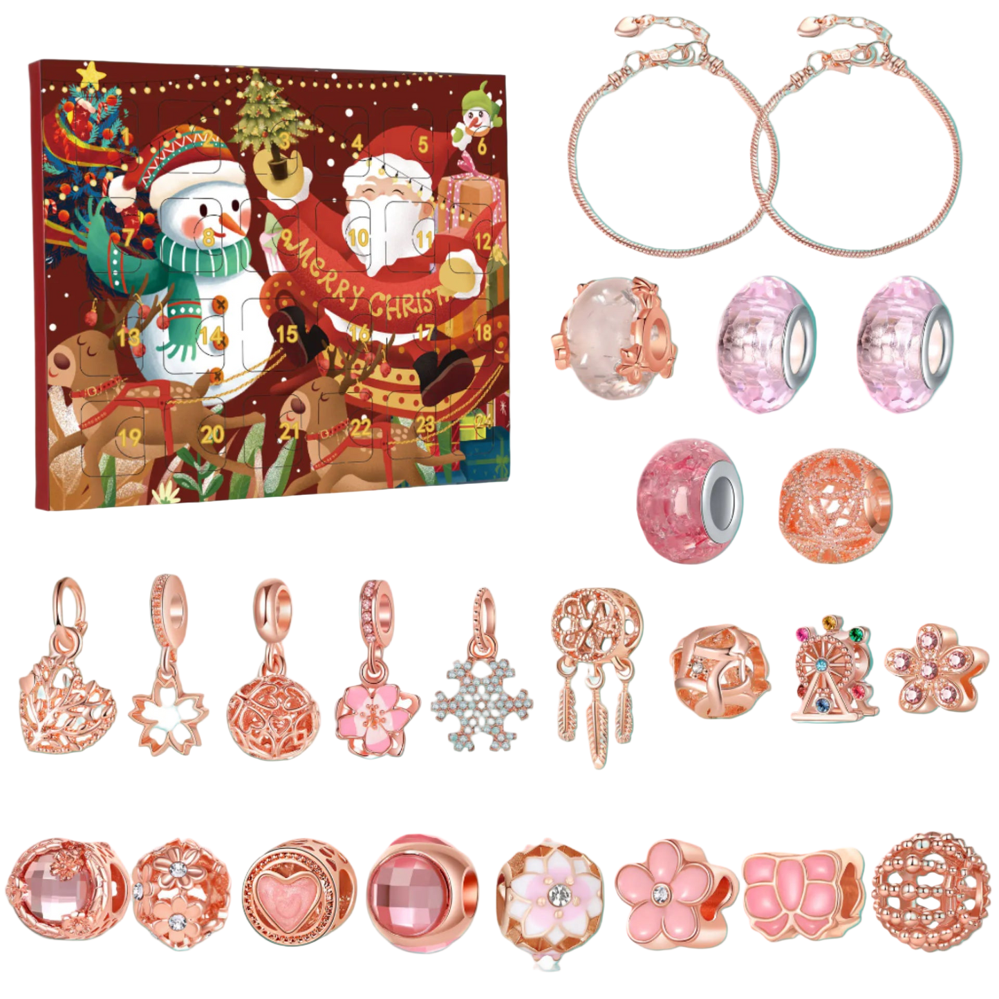 Jewelry set with Christmas-themed advent calendar and various charms and beads.