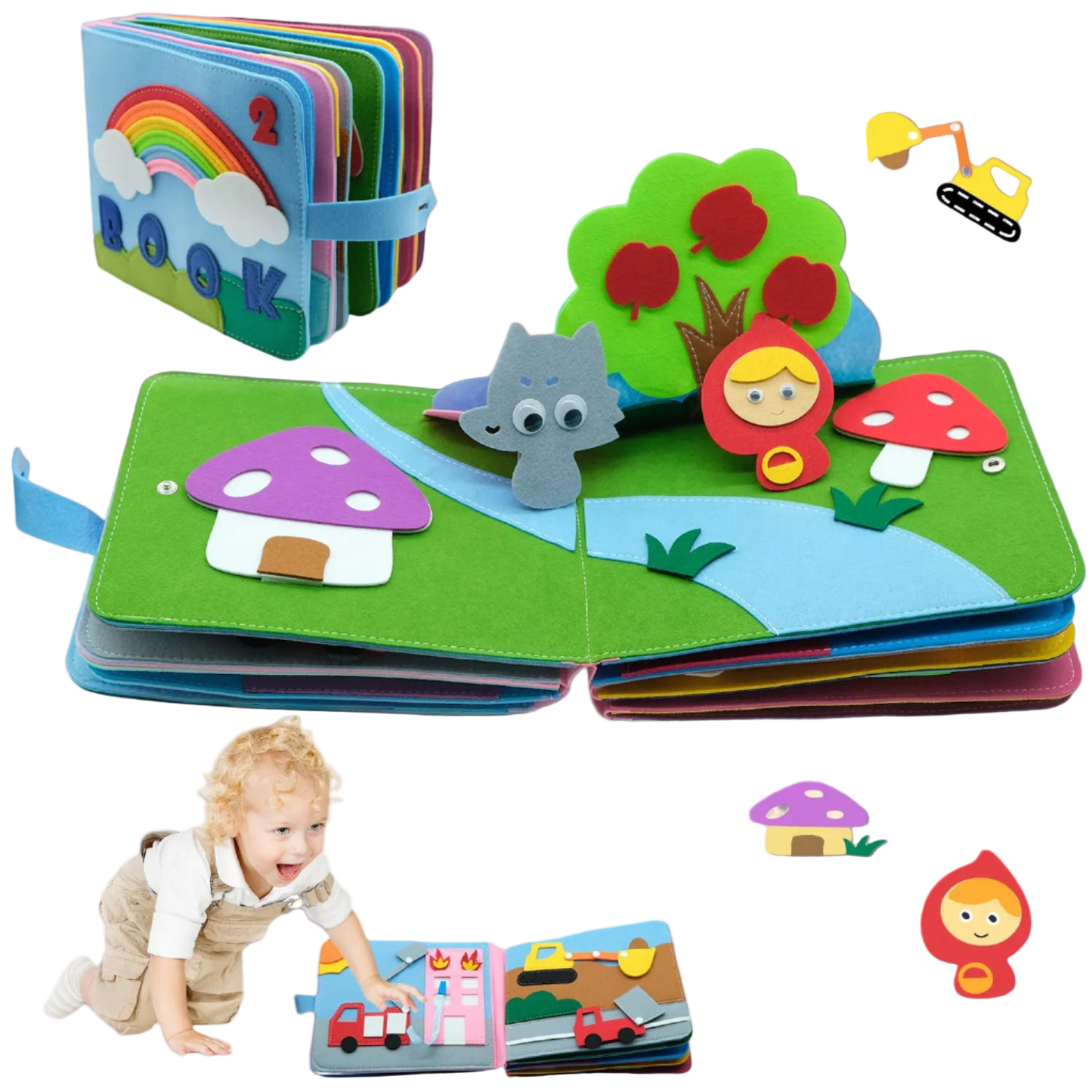 Children's soft book with colorful illustrations and a baby playing with it.