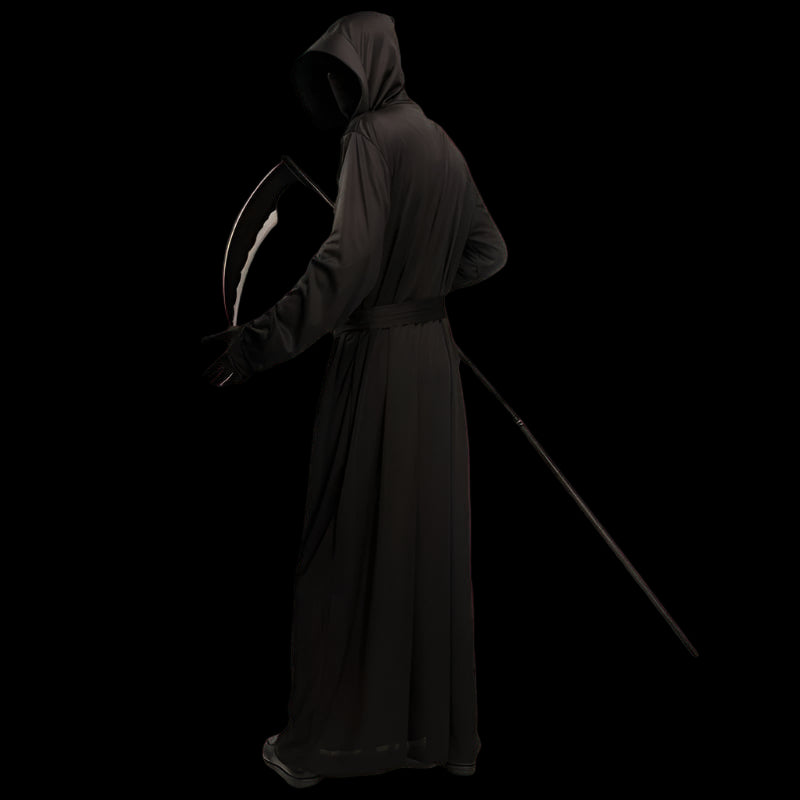 Person wearing a black hooded robe with a long staff on a white background