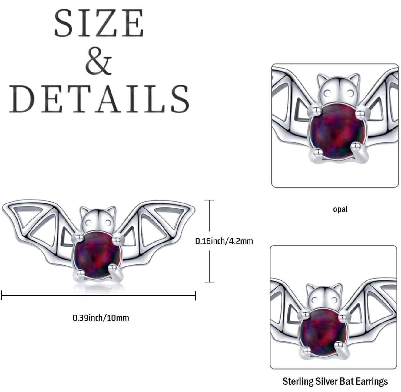 Sterling silver bat earrings with red gemstones, showing size and details on a white background.