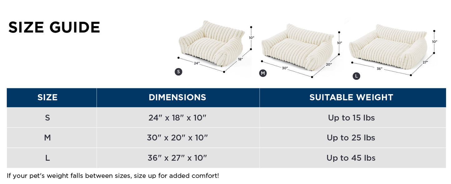 Size guide for pet beds with dimensions and weight capacity