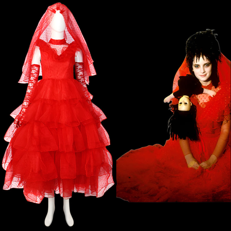 Red dress with a veil on a mannequin and a person wearing the dress holding a doll.