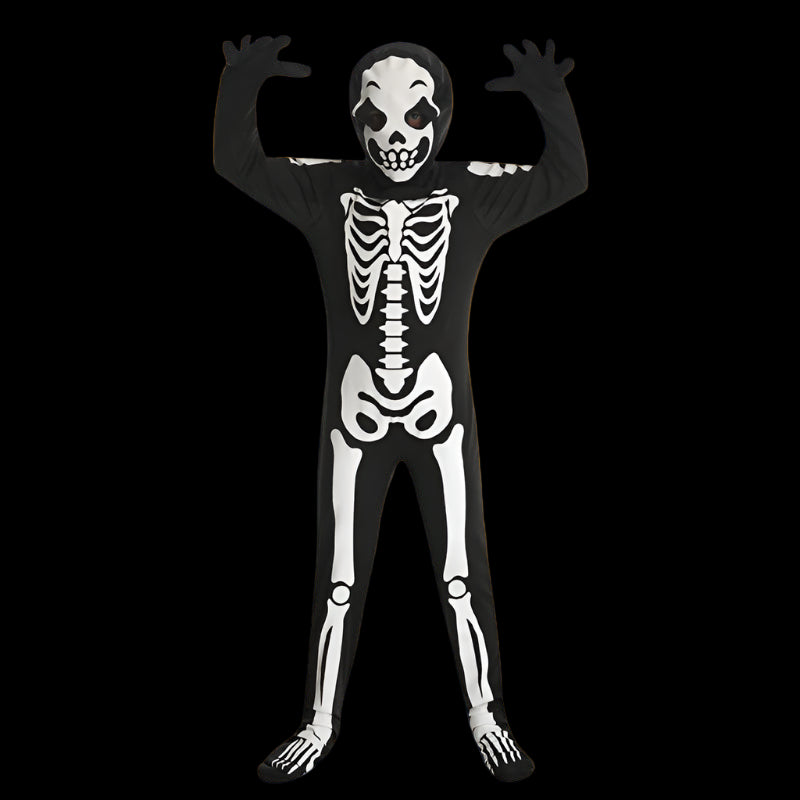 Skeleton costume with black and white design on a white background