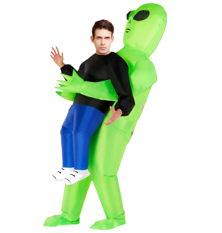 Person wearing a green inflatable alien costume on a white background