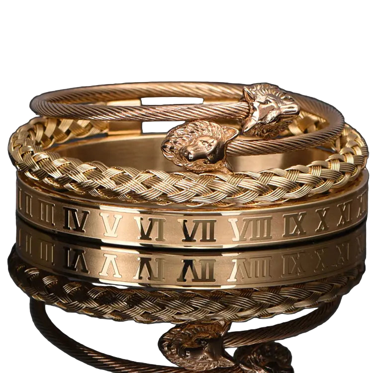 Gold bracelet with lion head design and Roman numeral pattern on a reflective surface.