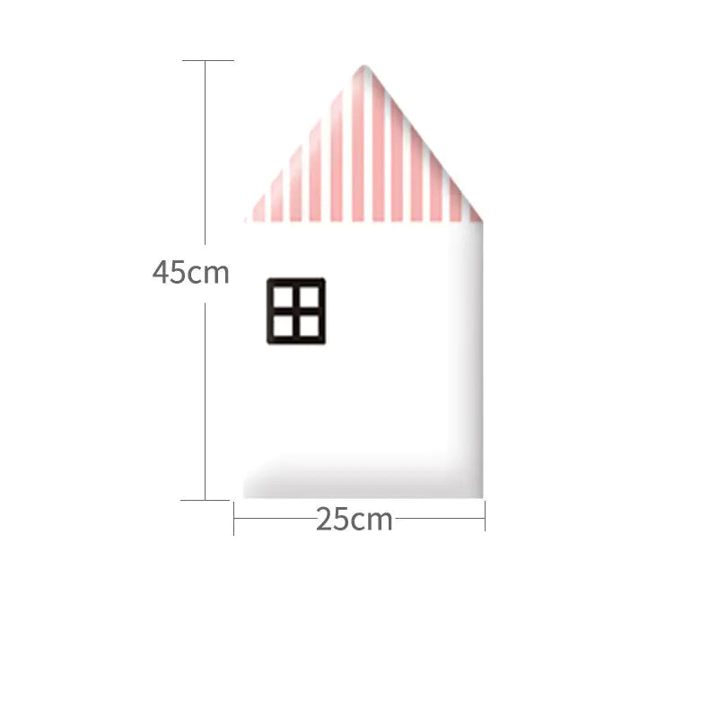 White house-shaped object with pink striped roof and measurements on a white background