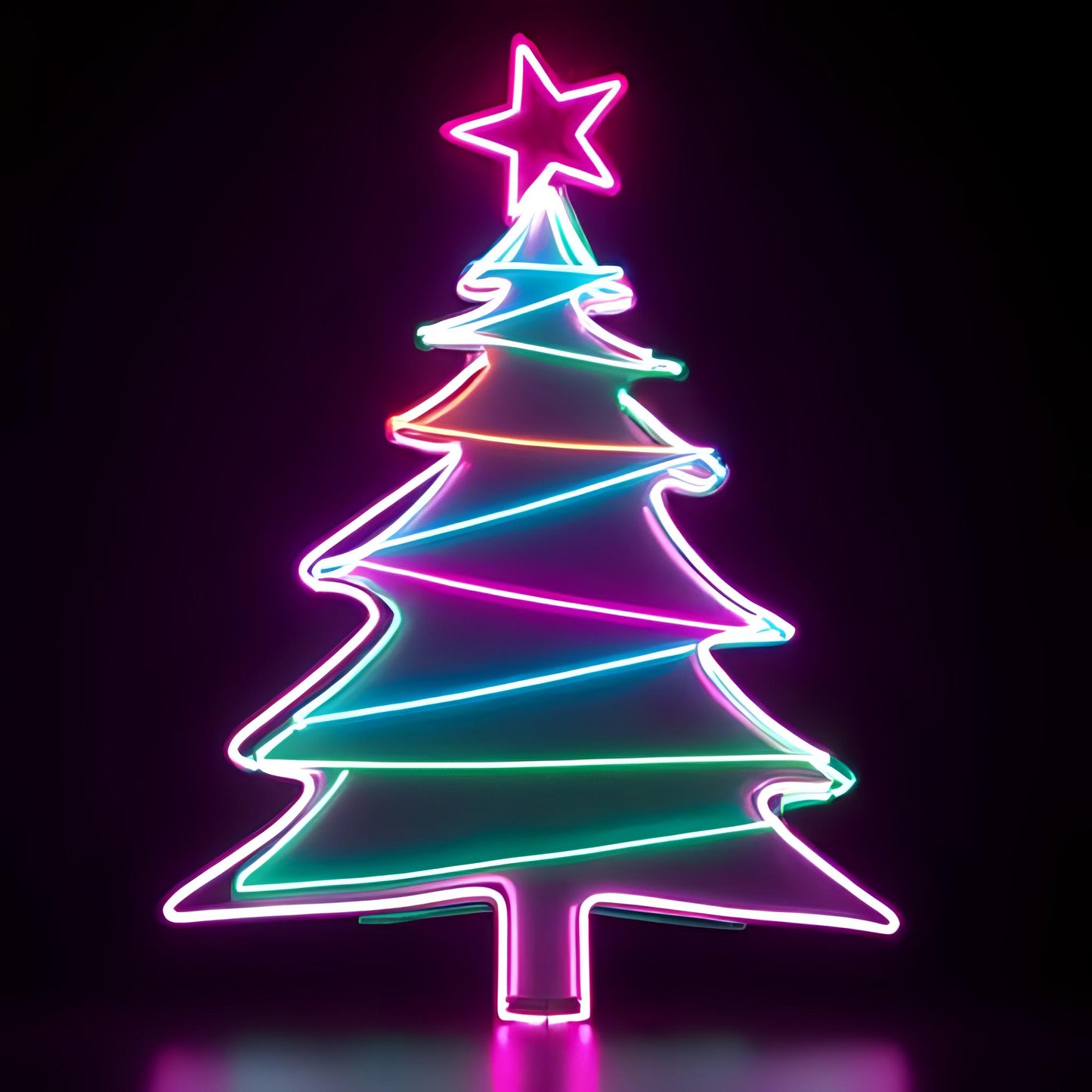 Neon Christmas tree decoration with a star on a black background