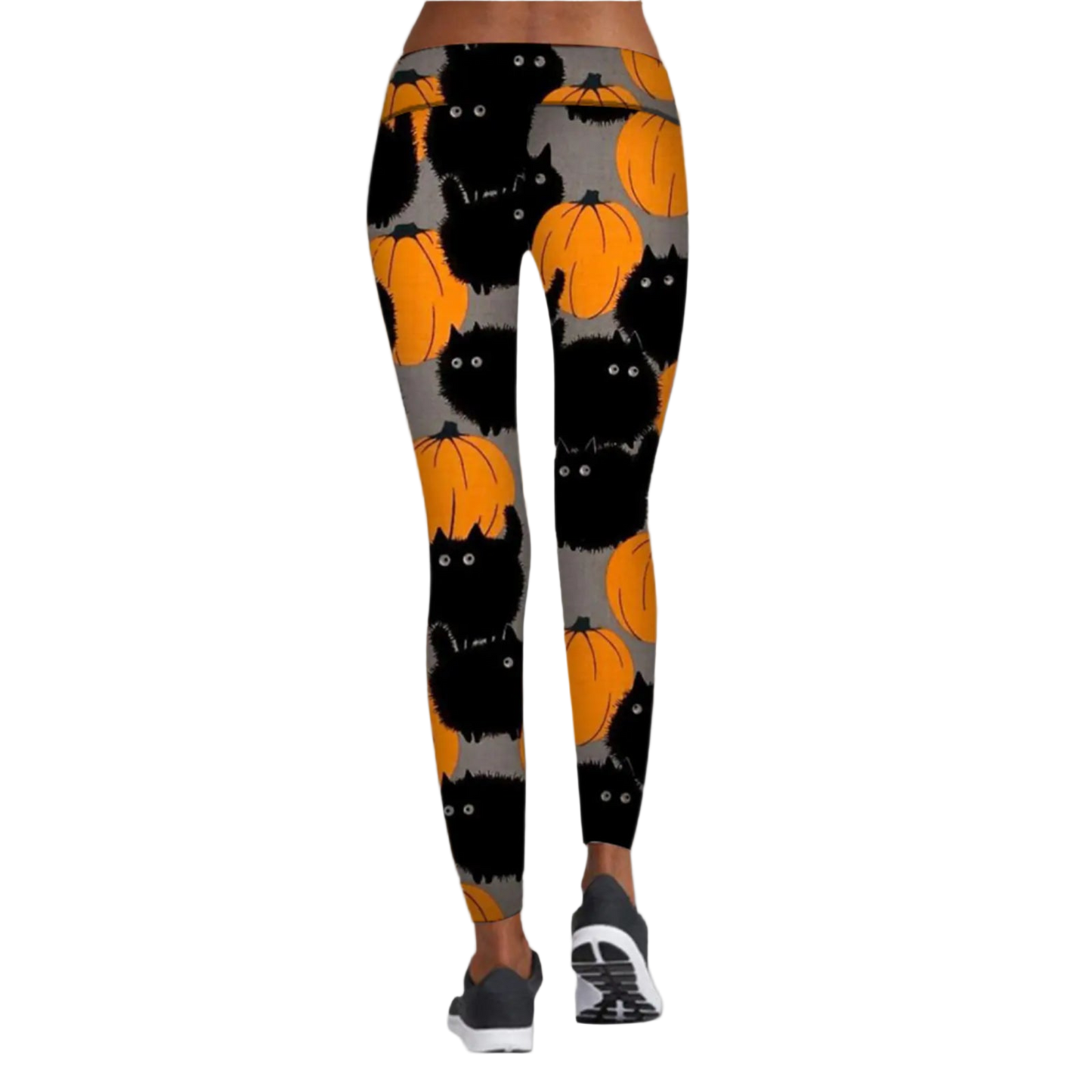 Leggings with Halloween-themed design featuring black cats and pumpkins on a white background.