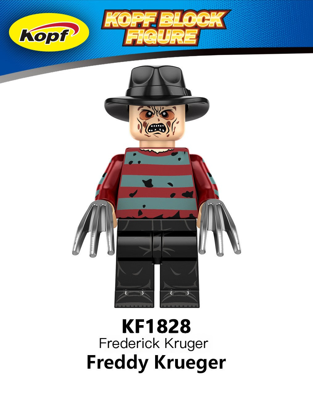 Freddy Krueger figure with a black hat and red shirt on a white background, featuring the Kopf Block Figure branding.