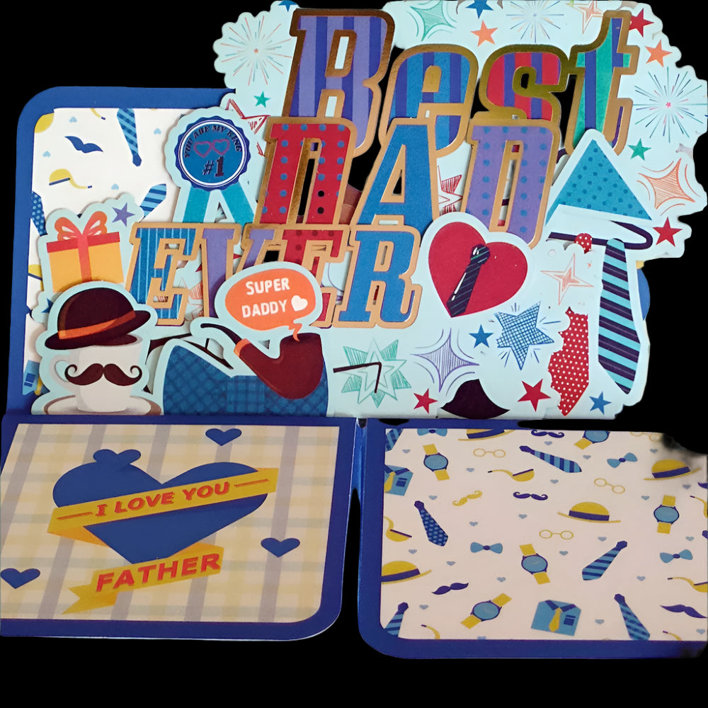 Father's Day card with colorful text and illustrations on a blue border