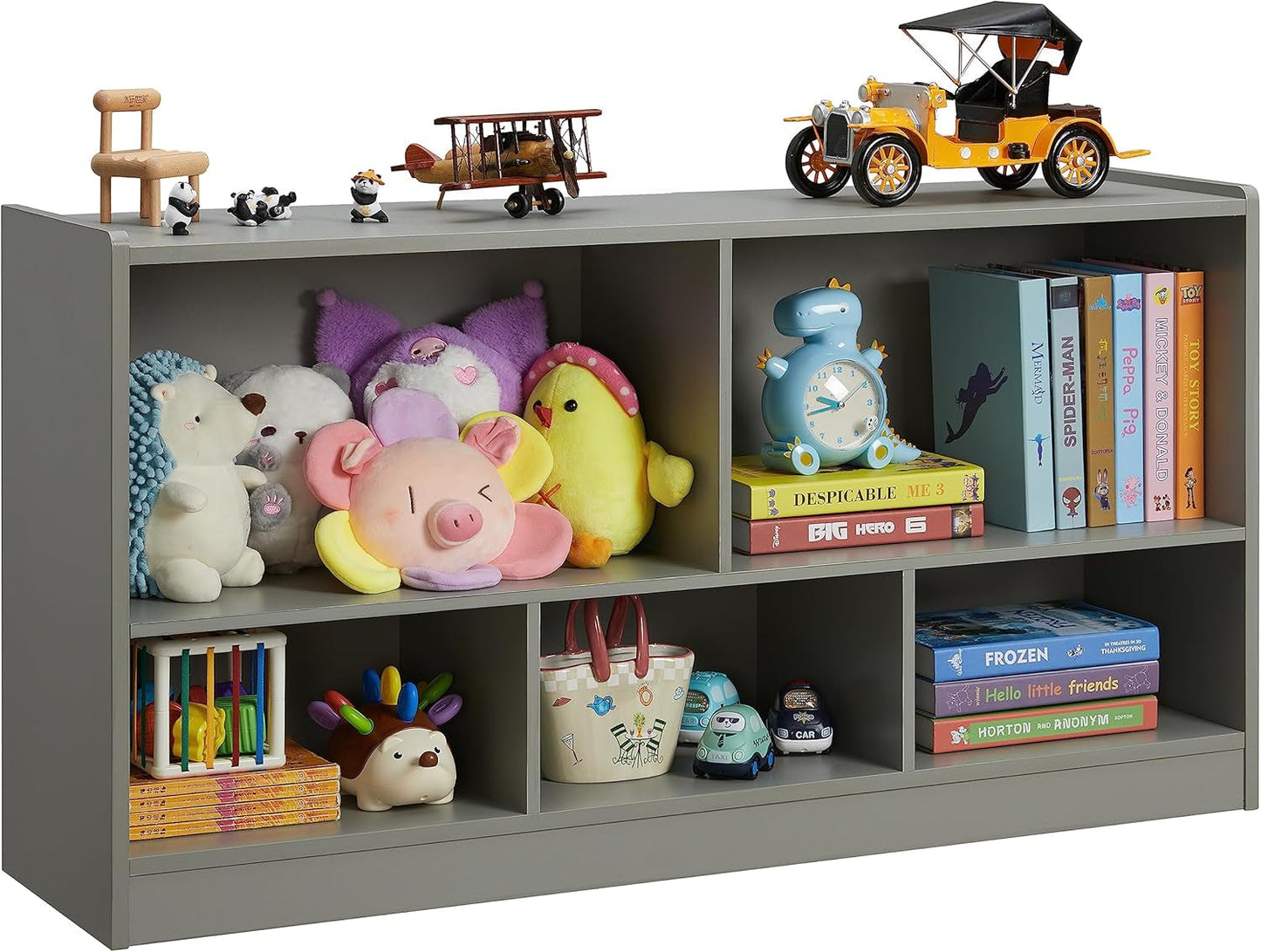 Gray children's bookshelf with toys and books