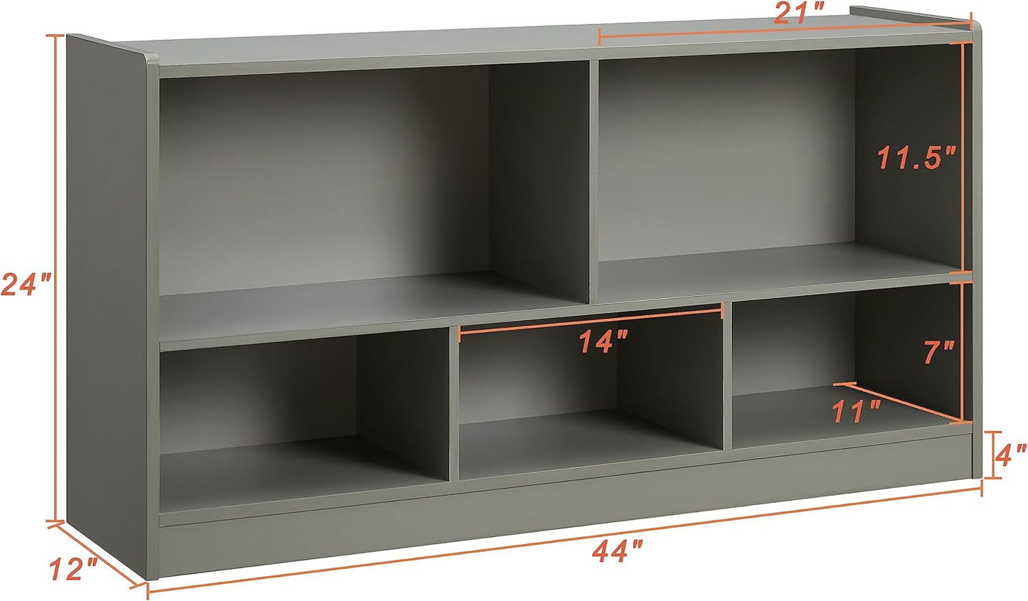 Gray shelving unit with dimensions marked on it