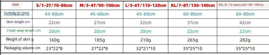 Size chart for a product with dimensions and weight details.