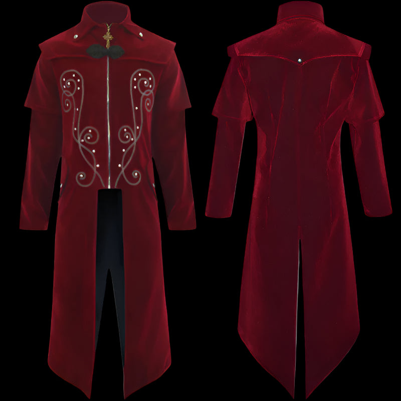 Red velvet coat with intricate designs on a white background