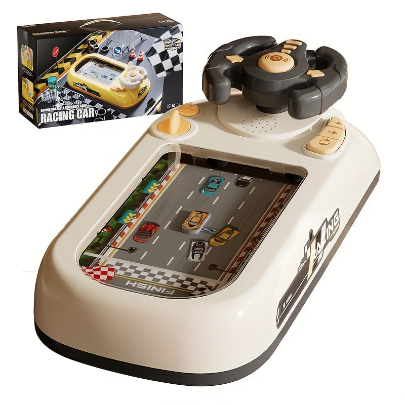 Toy racing game with controller and race track, next to its packaging.