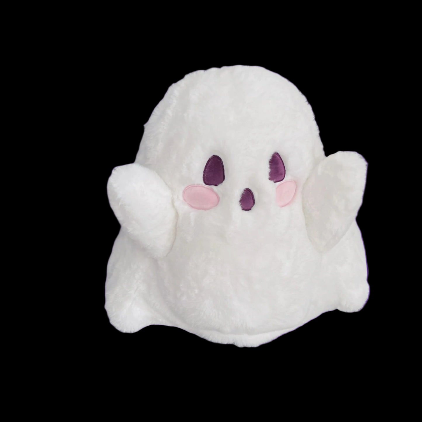 White plush ghost toy with purple eyes and pink cheeks on a white background