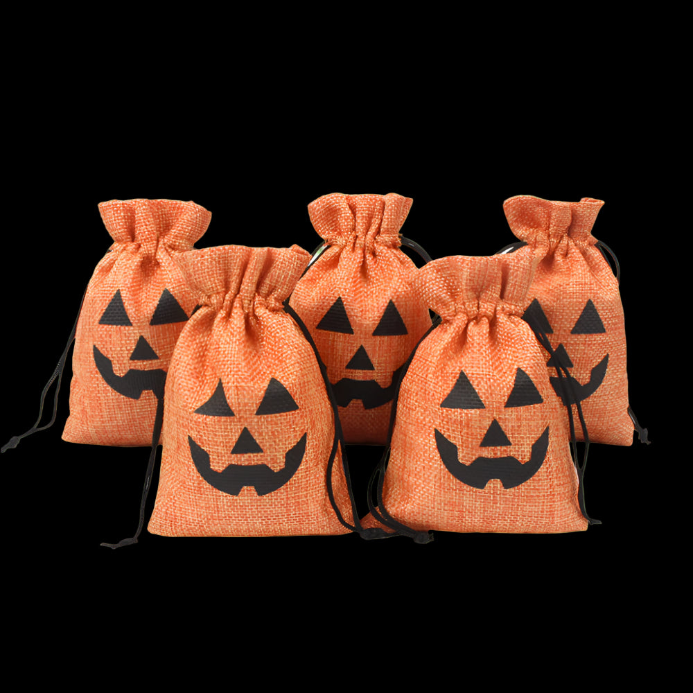 Set of five orange drawstring bags with black jack-o'-lantern faces on a white background