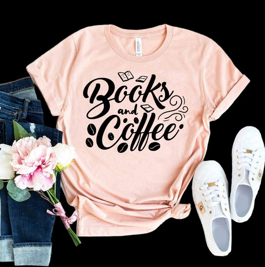 Pink t-shirt with 'Books and Coffee' text on a white background with jeans, flowers, and sneakers.