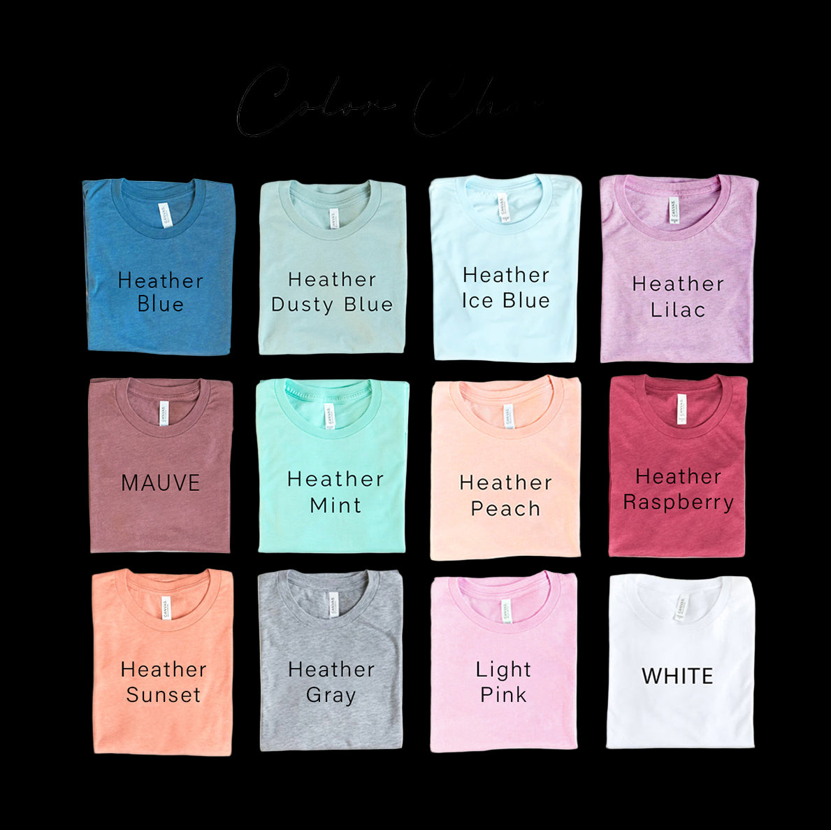 Color chart with various heathered t-shirt colors on a white background