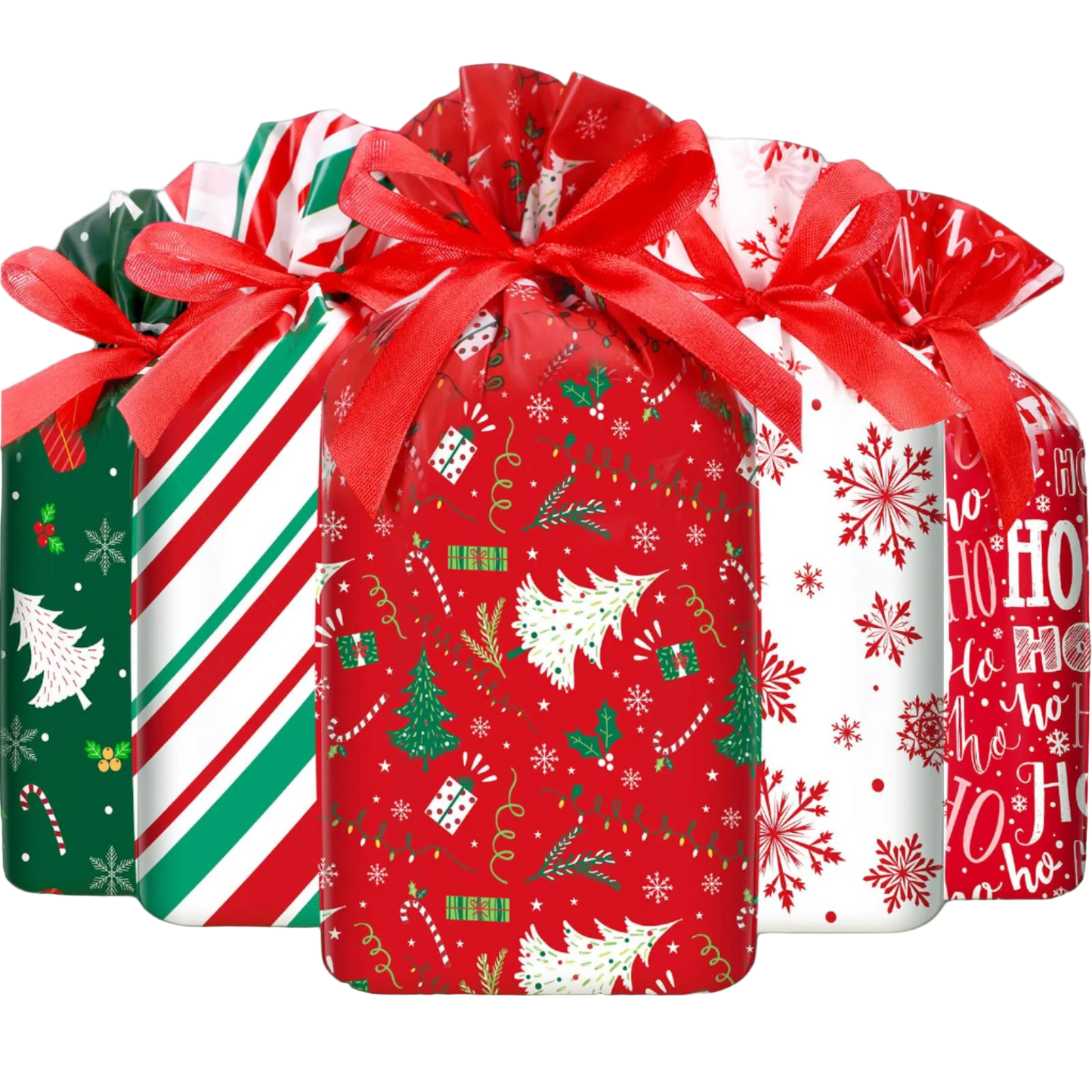 Four Christmas-themed gift bags with ribbons on a white background