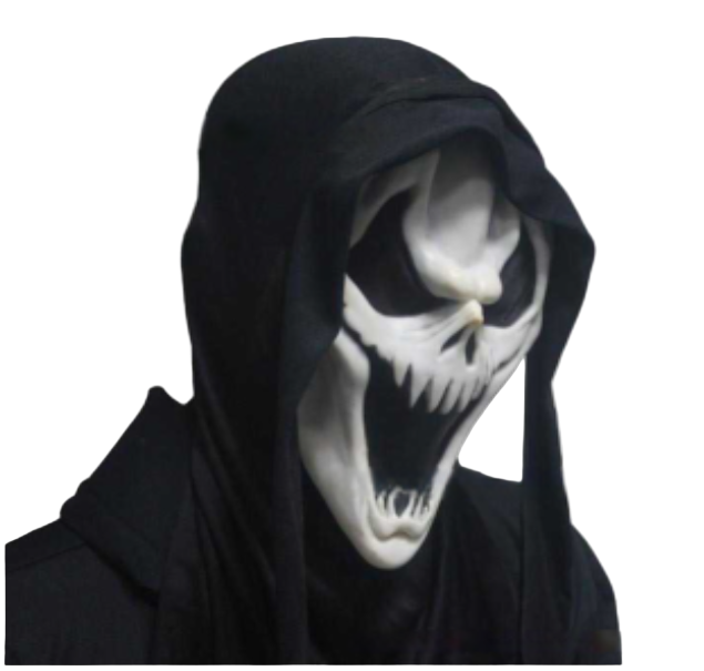 Black hooded garment with a white skull mask on a dark background