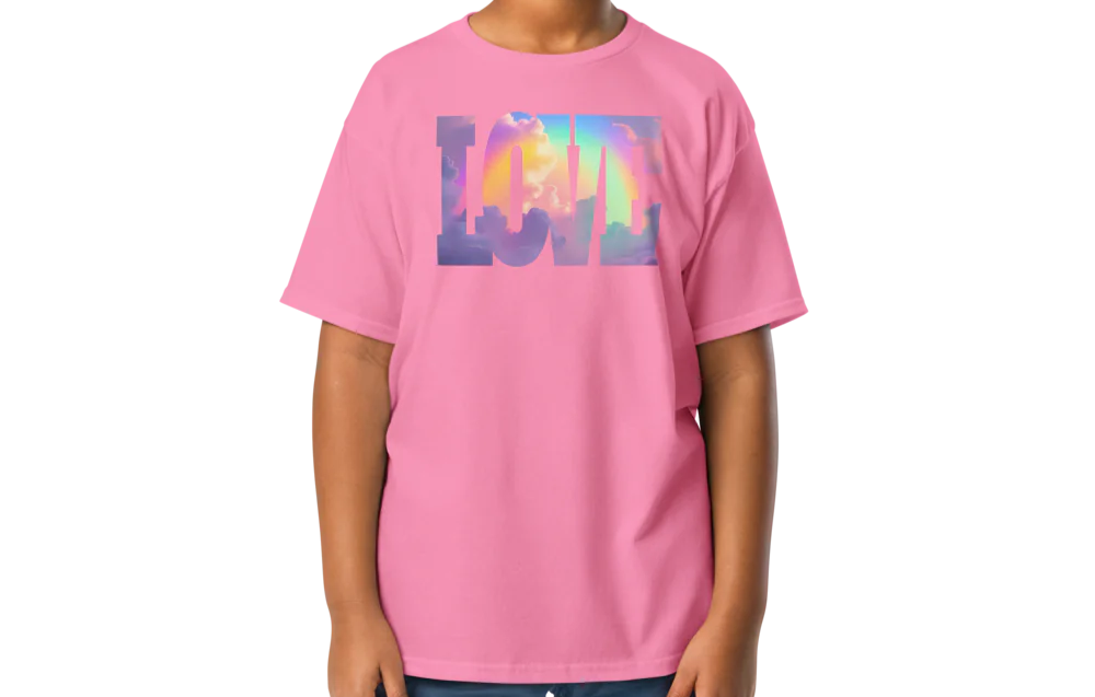 Child wearing a pink t-shirt with a colorful 'LOVE' graphic on a white background