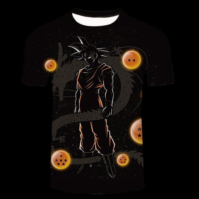 Black t-shirt with a character silhouette and dragon balls on a white background