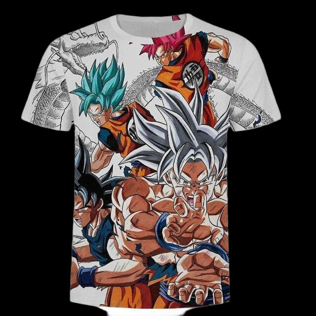 T-shirt with colorful graphic design of animated characters on a white background