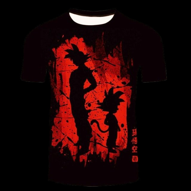 Black t-shirt with red silhouette design of a character and a cat on a white background