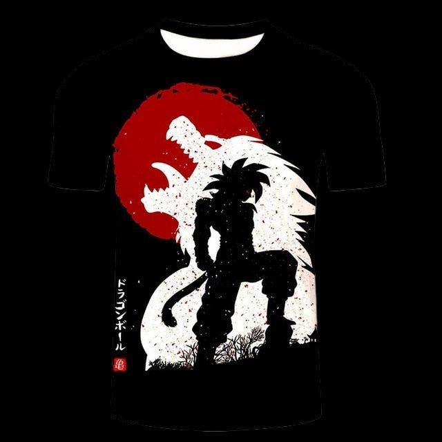 Black t-shirt with a white dragon and red sun design on a white background