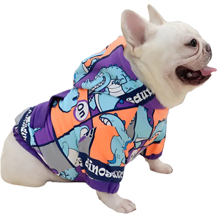 Dog wearing a colorful dinosaur-themed jacket on a light background