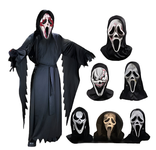 Halloween costume with a long black robe and multiple masks on a white background
