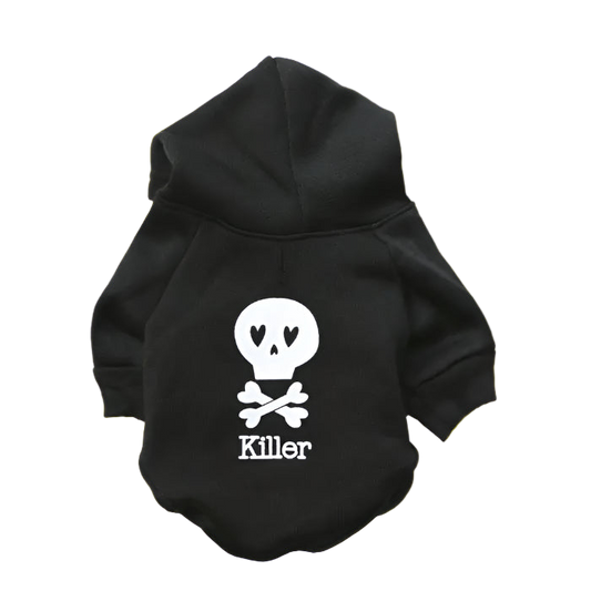 Black hoodie with skull and crossbones design and ' Killer' text on a white background