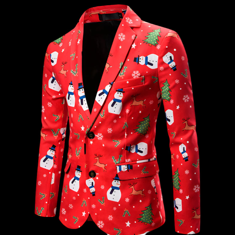 Red Christmas-themed blazer with snowmen, trees, and reindeer on a white background