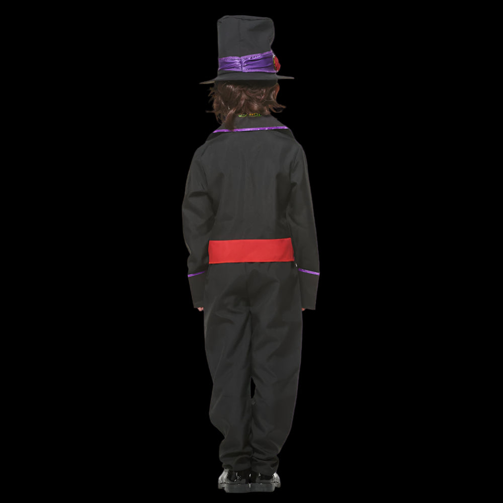 Person wearing a black clown costume with a red belt and purple accents on a white background