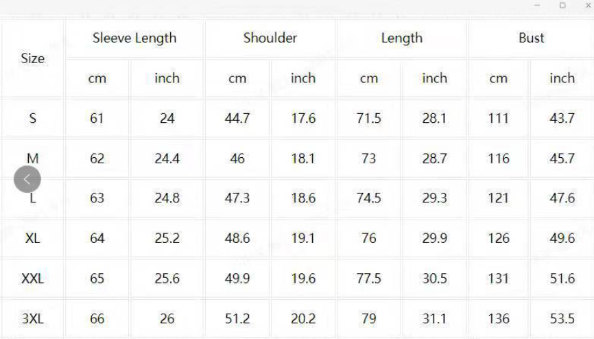 Size chart for clothing with measurements in centimeters and inches.