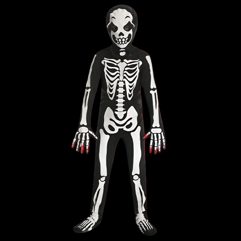 Skeleton costume with black and white design on a white background
